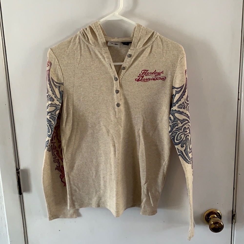 Harley Davidson long sleeve hooded waffle texture top with graphic prints
